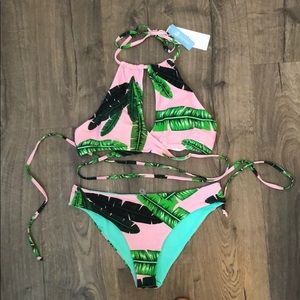 Pink palm halter bikini set